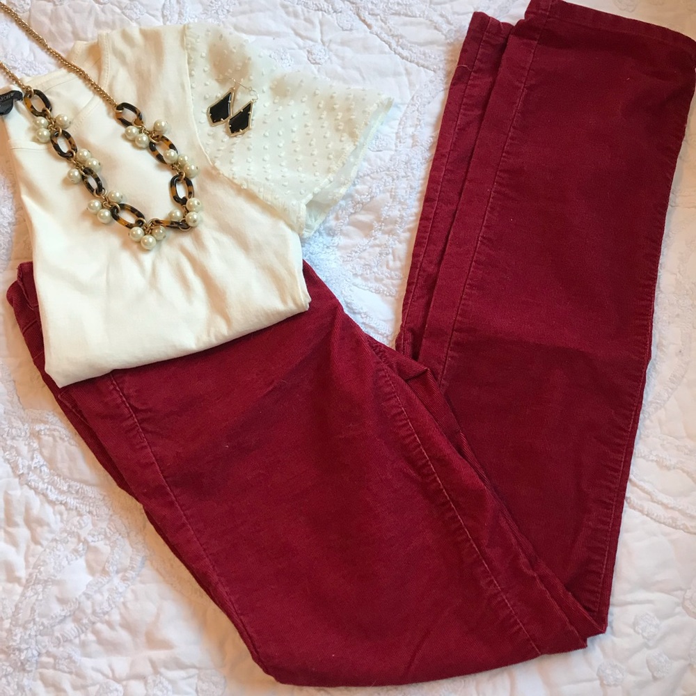 Red corduroy pants; straight leg